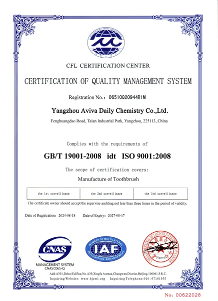 AVIVA ISO 9001:2008 quality management certificate